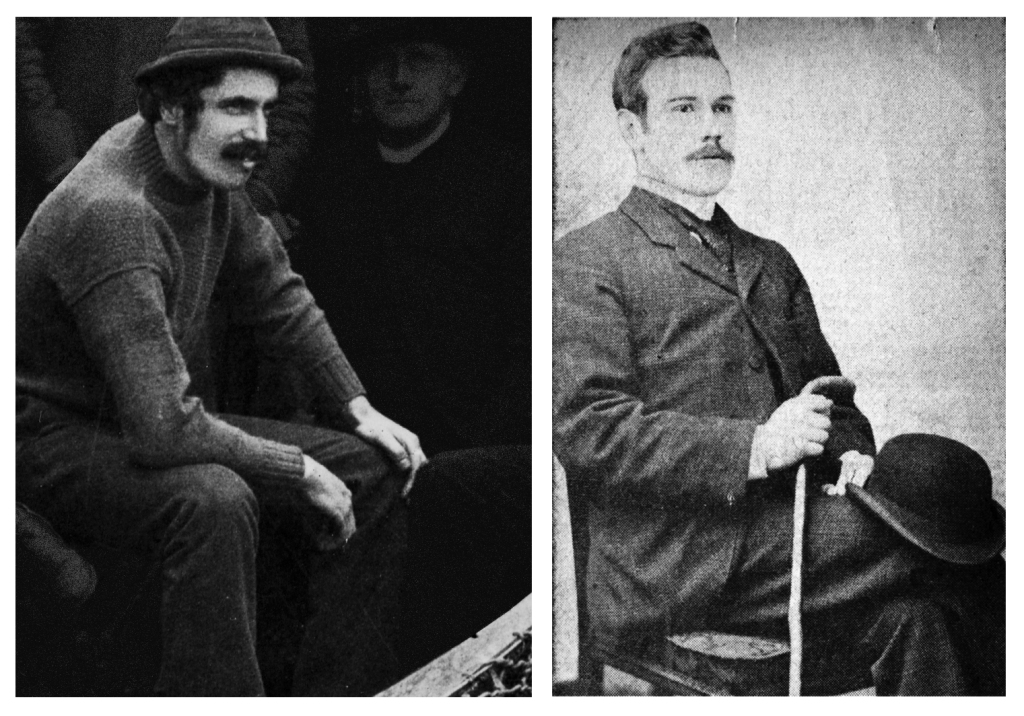 A montage of two portraits of Alfred Cort Haddon and John Millington Synge. Left. Haddon on board the S. S. Brandon in 1885 (detail), with permission Royal Irish Academy © RIA. Haddon is dressed in sailor's outfit and soft hat and stare off camera. Right. Synge in Paris in 1897 (curator.ie collection). Synge is dressed as a fashionable young man about town.