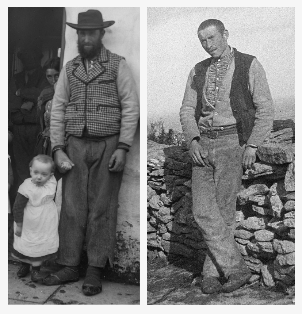A montage of two photographs of men from the Aran Island, both of which show the homespun clothes worn by he islanders. The photograph on the left shows a child dressed in the cota beag, a petticoat worn by young boys. Left: A. F. Dixon. 1890. Detail of photograph printed from a digitised silver gelatine negative (Walsh & Rooney 2009, © curator.ie) The original negative is held in the School of Medicine, Trinity College, University of Dublin. Right: John Millington Synge. 1898. Detail of photograph printed from a digitised silver gelatine negative (Timothy Keefe, Sharon Sutton, Daniel Scully 2009). Courtesy of the Board of Trinity College, University of Dublin.